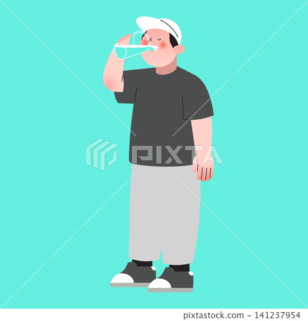 A person stands and drinks water from a clear glass. The person wears a black shirt, gray pants, and a white cap. The background is a solid color. 141237954