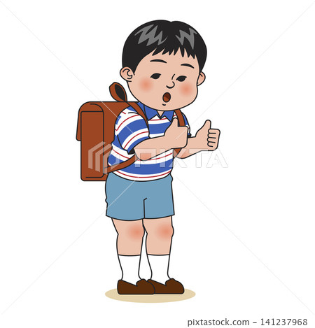 A child stands outside with a backpack on his back. He shows a thumbs up with a smile. The scene appears bright and cheerful. A child stands outside with a backpack on his back. He shows a thumbs up with a smile. The scene appears bright and cheerful. 141237968