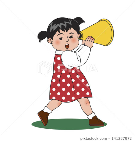 A girl walks on the grass while holding a yellow megaphone. She wears a red dress with white dots, white shirt, and brown shoes. The scene is bright and fun. A girl walks on the grass while holding a yellow megaphone. She wears a red dress with white dots, white shirt, and brown shoes. The scene is bright and fun. 141237972