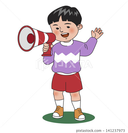 A child stands on green grass holding a megaphone and waving. He wears a purple sweater and red shorts. The setting looks bright and playful. A child stands on green grass holding a megaphone and waving. He wears a purple sweater and red shorts. The setting looks bright and playful. 141237973
