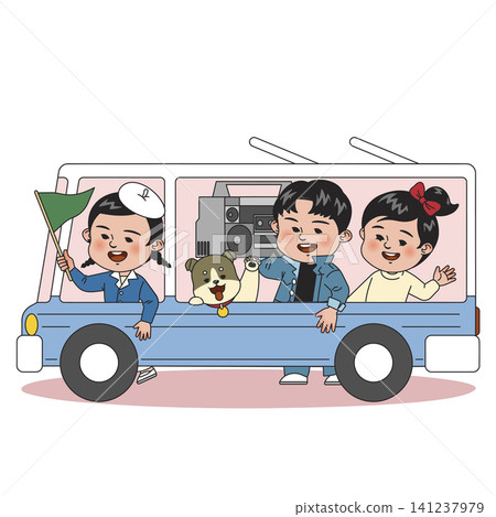 Three kids smile while riding in a blue van. One child holds a green flag, another waves, and a dog sits among them. They appear happy in an outdoor setting. 141237979