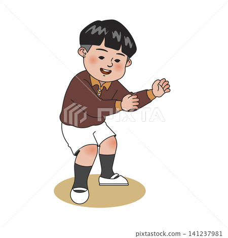 A child with short black hair enjoys dancing with a big smile. The setting shows simple, light colors that add to the fun. The child wears a brown sweater and white shorts. A child with short black hair enjoys dancing with a big smile. The setting shows simple, light colors that add to the fun. The child wears a brown sweater and white shorts. 141237981