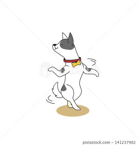 A cartoon dog dances with joy in a living room. It has a happy look on its face and a playful stance. The space is bright. The dog seems to enjoy the moment. A cartoon dog dances with joy in a living room. It has a happy look on its face and a playful stance. The space is bright. The dog seems to enjoy the moment. 141237982