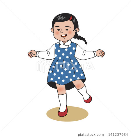 A young girl dances with joy in a blue dress that has white polka dots. She has a braid and a red clip in her hair. She smiles while dancing. A young girl dances with joy in a blue dress that has white polka dots. She has a braid and a red clip in her hair. She smiles while dancing. 141237984