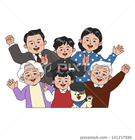 Six family members stand close together, smiling and raising their arms in excitement. They represent different generations, sharing a moment of happiness during a gathering. Six family members stand close together, smiling and raising their arms in excitement. They represent different generations, sharing a moment of happiness during a gathering. 141237986