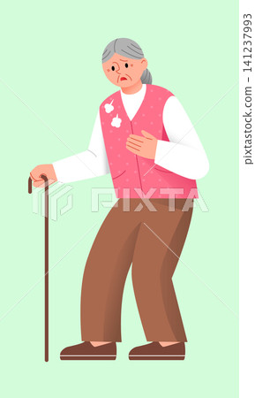 An elderly woman stands with a cane. She appears to feel unwell and is holding her chest. The background is a light color, and it is daytime. An elderly woman stands with a cane. She appears to feel unwell and is holding her chest. The background is a light color, and it is daytime. 141237993