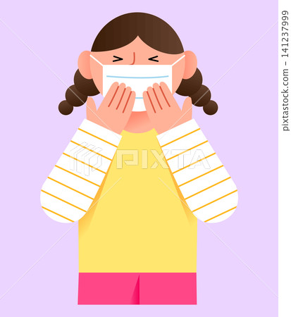 A child is wearing a face mask and smiling while holding it near her face. She is indoors with a plain background of light color. The child shows joy and playfulness in this moment captured. A child is wearing a face mask and smiling while holding it near her face. She is indoors with a plain background of light color. The child shows joy and playfulness in this moment captured. 141237999