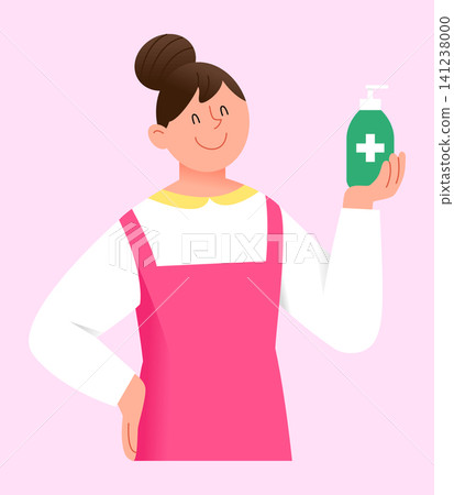 A woman stands smiling and holds a green bottle in her right hand. She is wearing a white shirt and a pink apron. The background is a light color. A woman stands smiling and holds a green bottle in her right hand. She is wearing a white shirt and a pink apron. The background is a light color. 141238000