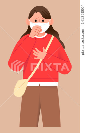 A woman stands with her hand on her chest. She is wearing a red sweater and a mask. The background is plain, focusing on her expression and stance. A woman stands with her hand on her chest. She is wearing a red sweater and a mask. The background is plain, focusing on her expression and stance. 141238004