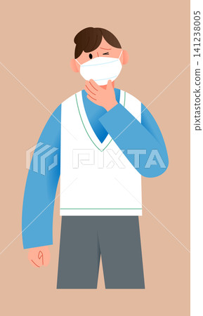 A person stands indoors wearing a mask and a blue shirt with a white vest. The person has a thoughtful expression with one hand on their chin. 141238005