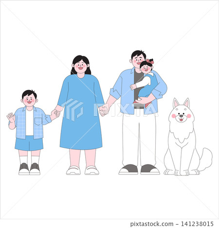 A family stands close with two adults and two children. One child holds a small dog. The scene shows a casual moment with smiles and joy. A family stands close with two adults and two children. One child holds a small dog. The scene shows a casual moment with smiles and joy. 141238015
