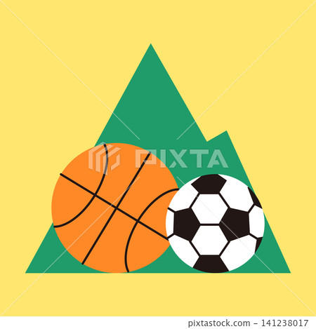 Two balls for different sports sit in front of a green mountain shape. One ball is orange for basketball and the other is black and white for soccer. The background is yellow. Two balls for different sports sit in front of a green mountain shape. One ball is orange for basketball and the other is black and white for soccer. The background is yellow. 141238017