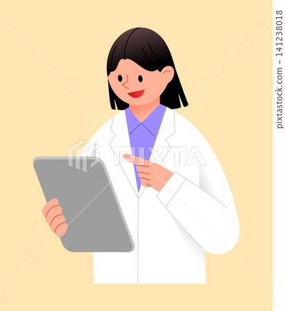A person in a white coat stands with a tablet in hand, pointing at the screen. The background is plain and the person shows a friendly expression. 141238018