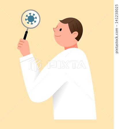 A scientist looks through a magnifying glass at a virus. The setting is simple with a plain background. The scientist appears focused on the observation. A scientist looks through a magnifying glass at a virus. The setting is simple with a plain background. The scientist appears focused on the observation. 141238025