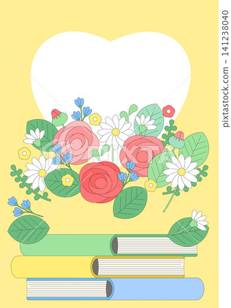 Colorful flowers sit above stacked books against a yellow background. A heart shape creates a welcoming space for messages. This scene promotes reading and imagination. Colorful flowers sit above stacked books against a yellow background. A heart shape creates a welcoming space for messages. This scene promotes reading and imagination. 141238040