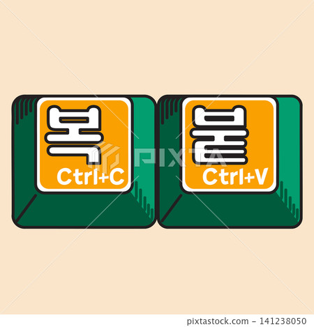 Two keyboard keys are shown in green and orange colors. The left key has the symbol for copy and the right key has the symbol for paste. These are common computer shortcuts. Two keyboard keys are shown in green and orange colors. The left key has the symbol for copy and the right key has the symbol for paste. These are common computer shortcuts. 141238050