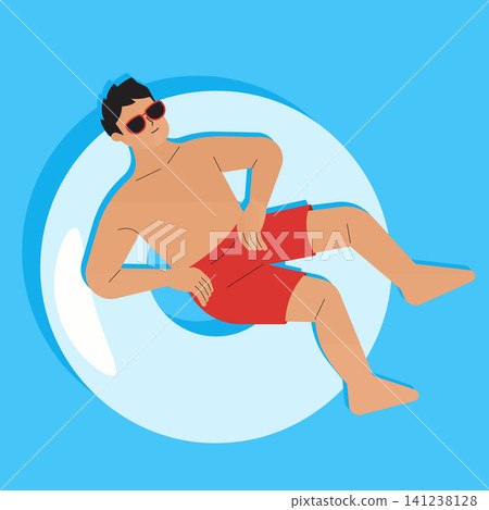 A boy relaxes on a floating ring in a pool. He wears sunglasses and red swim shorts. The sky is bright blue and it is a sunny day. Water ripples around him, showing summer fun. A boy relaxes on a floating ring in a pool. He wears sunglasses and red swim shorts. The sky is bright blue and it is a sunny day. Water ripples around him, showing summer fun. 141238128