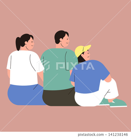 Three individuals sit closely together with their backs to the viewer. They are on a soft surface and seem to enjoy each other's company and share a light atmosphere. Three individuals sit closely together with their backs to the viewer. They are on a soft surface and seem to enjoy each other's company and share a light atmosphere. 141238146