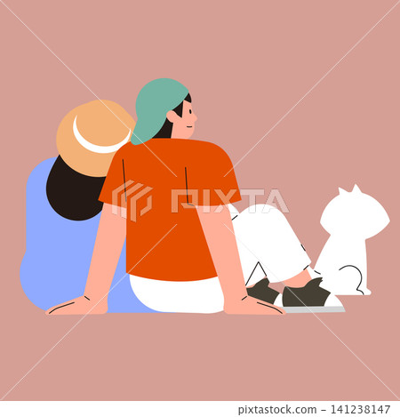 Two people sit next to each other on a soft surface. One person wears a hat while the other has a cap. A dog rests beside them. Two people sit next to each other on a soft surface. One person wears a hat while the other has a cap. A dog rests beside them. 141238147