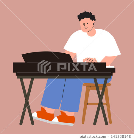 A person sits on a stool and plays a keyboard in a home setting. The background is simple. The person appears focused on the music. A person sits on a stool and plays a keyboard in a home setting. The background is simple. The person appears focused on the music. 141238148