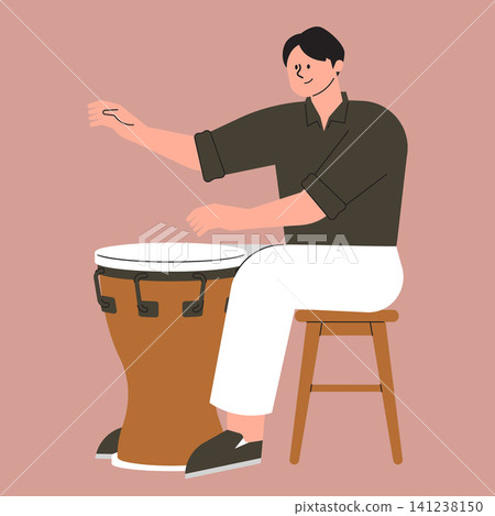 A person sits on a stool and plays a drum with enthusiasm. The indoor setting is simple with a plain background. The person focuses on the rhythm and enjoys the music. A person sits on a stool and plays a drum with enthusiasm. The indoor setting is simple with a plain background. The person focuses on the rhythm and enjoys the music. 141238150