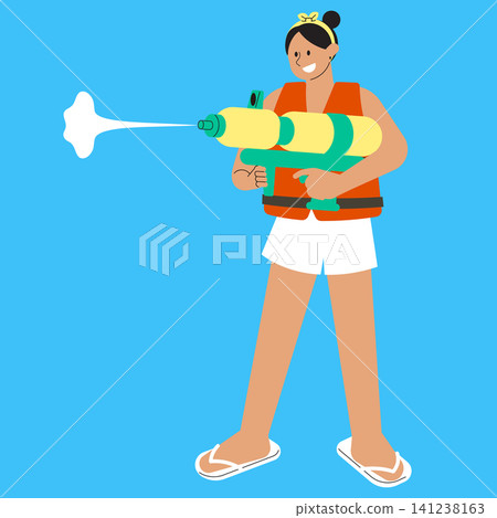 A child stands smiling while holding a water gun ready to spray water. The child wears a life vest and flip flops, enjoying summer activities. 141238163