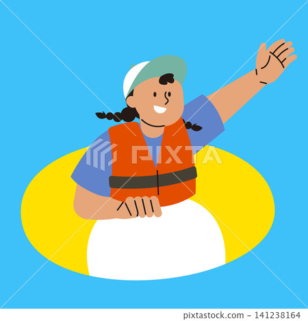 A person wearing a life jacket raises their hand with a smile while sitting in a yellow kayak. The background is bright blue. This scene shows enjoyment in a water activity. A person wearing a life jacket raises their hand with a smile while sitting in a yellow kayak. The background is bright blue. This scene shows enjoyment in a water activity. 141238164