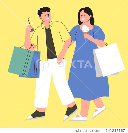 Two people walk together while holding shopping bags and ice cream. They are smiling and enjoying their time at a mall on a sunny afternoon. Two people walk together while holding shopping bags and ice cream. They are smiling and enjoying their time at a mall on a sunny afternoon. 141238167