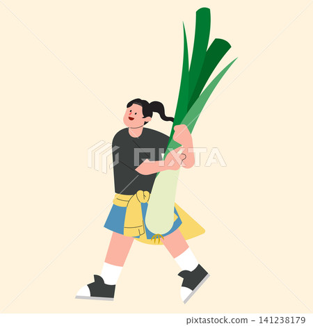 A person walks while holding a large green vegetable with both hands. They wear a black shirt, a skirt, and sneakers. The background is plain. A person walks while holding a large green vegetable with both hands. They wear a black shirt, a skirt, and sneakers. The background is plain. 141238179