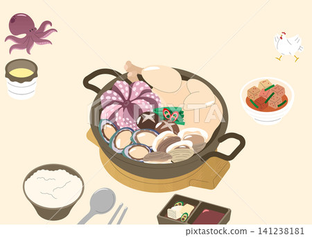 A pot sits on a table filled with chicken, seafood, and vegetables. Bowls of rice and side dishes are arranged nearby. Cooking tools are also visible. A pot sits on a table filled with chicken, seafood, and vegetables. Bowls of rice and side dishes are arranged nearby. Cooking tools are also visible. 141238181
