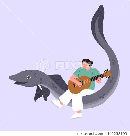 A person sits on a large fish and strums a guitar. The fish has a friendly expression. The background is light purple and simple. 141238193