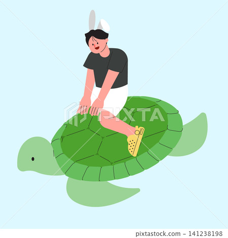 A child sits on a green turtle with bunny ears on their head. The background is light blue, adding to the fun atmosphere of the scene. A child sits on a green turtle with bunny ears on their head. The background is light blue, adding to the fun atmosphere of the scene. 141238198