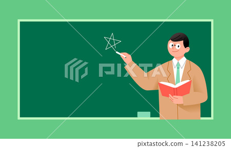 A teacher stands in front of a chalkboard while holding a book in one hand. He draws a star with a pointer in the other hand, engaging students in class. A teacher stands in front of a chalkboard while holding a book in one hand. He draws a star with a pointer in the other hand, engaging students in class. 141238205