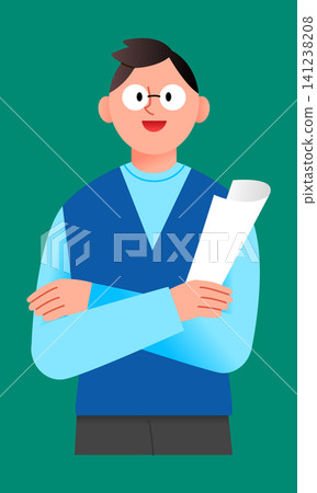 A person stands with arms crossed and smiles while holding a sheet of paper. The person is wearing a blue outfit and has glasses. The background is green. A person stands with arms crossed and smiles while holding a sheet of paper. The person is wearing a blue outfit and has glasses. The background is green. 141238208