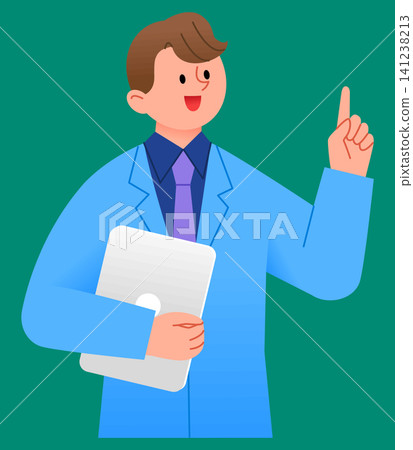 A person wearing a lab coat stands with a tablet in one hand. He points his finger up while smiling. The background is solid green and shows no other details. A person wearing a lab coat stands with a tablet in one hand. He points his finger up while smiling. The background is solid green and shows no other details. 141238213