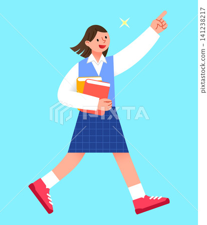 A student walks happily while holding books. She raises one finger, appearing to have an idea or making a point. The background is bright and colorful. A student walks happily while holding books. She raises one finger, appearing to have an idea or making a point. The background is bright and colorful. 141238217