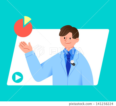 A doctor is presenting health statistics in a video. He uses visuals like pie charts. He gestures with his hand while speaking. A play button shows it is a video. A doctor is presenting health statistics in a video. He uses visuals like pie charts. He gestures with his hand while speaking. A play button shows it is a video. 141238224