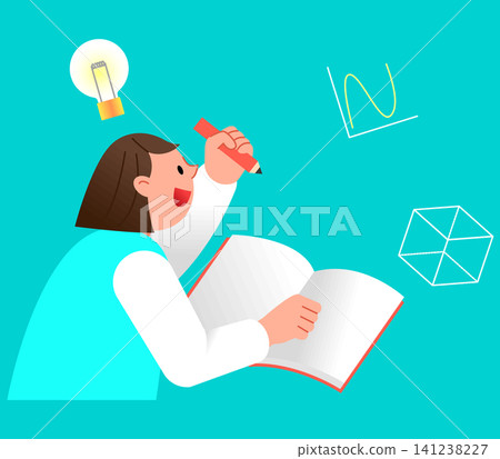 A child sits at a table with a notebook and writes with a pencil. A light bulb is above the head, and shapes float around. The child looks engaged and thoughtful. A child sits at a table with a notebook and writes with a pencil. A light bulb is above the head, and shapes float around. The child looks engaged and thoughtful. 141238227