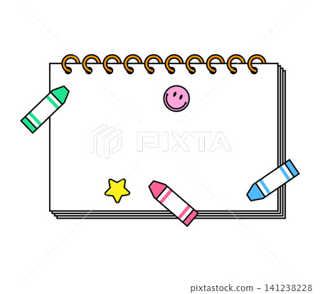 A blank notebook lies open with two crayons placed on each side. A smiley face sticker and a star sticker are on the page. The scene is simple and clean. A blank notebook lies open with two crayons placed on each side. A smiley face sticker and a star sticker are on the page. The scene is simple and clean. 141238228