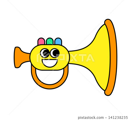 A toy trumpet is shown with a big smiley face and colorful buttons. It is designed for kids to play and make music. The trumpet is bright yellow and has an orange part for holding. A toy trumpet is shown with a big smiley face and colorful buttons. It is designed for kids to play and make music. The trumpet is bright yellow and has an orange part for holding. 141238235