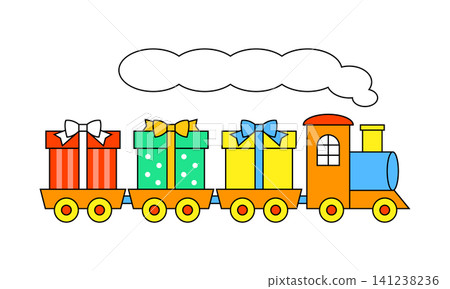 A train carrying three gift boxes travels along a track. The train is bright and features red, green, and yellow gift boxes. Smoke rises from the train chimney. A train carrying three gift boxes travels along a track. The train is bright and features red, green, and yellow gift boxes. Smoke rises from the train chimney. 141238236