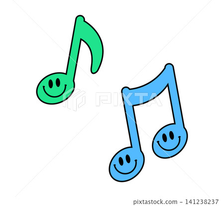 Two musical notes are shown with smiling faces, one green and one blue, against a plain white background. The design has a playful and cheerful look. 141238237