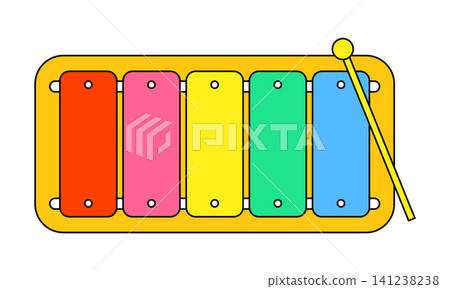 A xylophone sits on a flat surface. It has five bars in different colors. A mallet is next to the xylophone, ready to be used to make sounds. The setting is simple and bright. A xylophone sits on a flat surface. It has five bars in different colors. A mallet is next to the xylophone, ready to be used to make sounds. The setting is simple and bright. 141238238