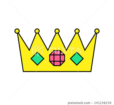 A crown is shown with yellow as the main color. It has five points and features different shapes like diamonds and a square in pink and green. This design is suitable for parties. A crown is shown with yellow as the main color. It has five points and features different shapes like diamonds and a square in pink and green. This design is suitable for parties. 141238239