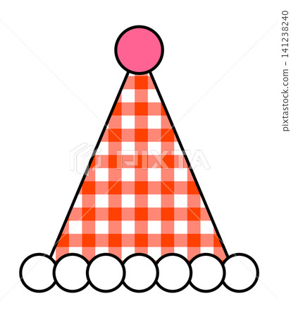 A clown hat features a red and white checkered pattern with a round pink pom on top. White pom poms line the base of the hat, creating a fun design. 141238240