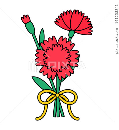 Two red carnations are seen with green leaves, tied together at the base with a yellow ribbon. This design shows flowers ready for giving or decoration. Two red carnations are seen with green leaves, tied together at the base with a yellow ribbon. This design shows flowers ready for giving or decoration. 141238241