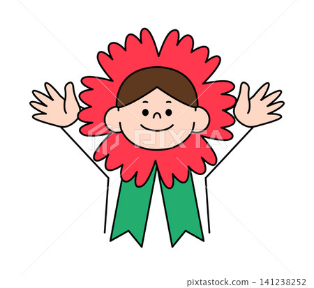 A person is wearing a large red flower costume with green ribbons. They have their arms raised and appear to be enjoying a festive moment. The setting looks joyful and bright. A person is wearing a large red flower costume with green ribbons. They have their arms raised and appear to be enjoying a festive moment. The setting looks joyful and bright. 141238252