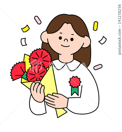 A girl smiles while holding a bouquet of red flowers in yellow wrapping. Confetti falls around her, marking a celebration at a cheerful gathering. A girl smiles while holding a bouquet of red flowers in yellow wrapping. Confetti falls around her, marking a celebration at a cheerful gathering. 141238256