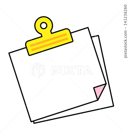 Two blank sheets of paper are held by a yellow clip. The sheets are plain with one corner slightly folded. This design can be used for notes or reminders. Two blank sheets of paper are held by a yellow clip. The sheets are plain with one corner slightly folded. This design can be used for notes or reminders. 141238260