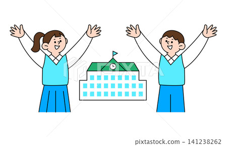Two children stand outside their school smiling and raising their hands in the air. The school building is behind them with a clock and a flag on top. It is daytime. Two children stand outside their school smiling and raising their hands in the air. The school building is behind them with a clock and a flag on top. It is daytime. 141238262